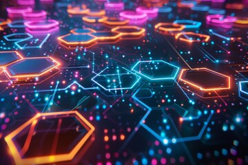 Obraz premium A dynamic composition of interlocking hexagons in vibrant neon colors, forming a futuristic data network against a dark background