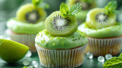 Close-up view of fresh kiwi lime cupcakes, adorned with vibrant green kiwi and mint, sparkling effervescent background in studio lighting