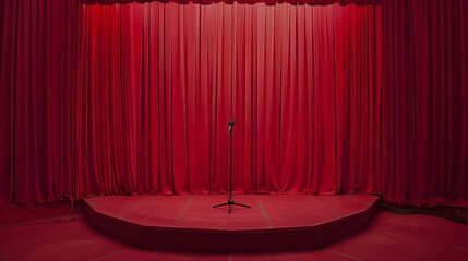 A high-definition view of an empty podium centered on a bright red show stage, with microphones and curtains fully opened