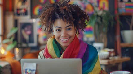A joyful young woman with a colorful pride scarf, engaged in a video call on her laptop while...