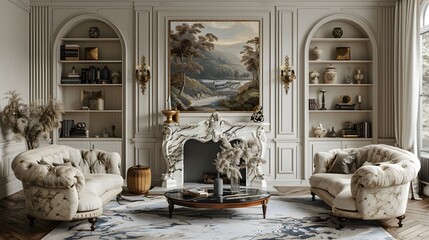 A lavish, upholstered sofa set placed near a marble fireplace in a luxury room with a pastel-toned landscape painting.