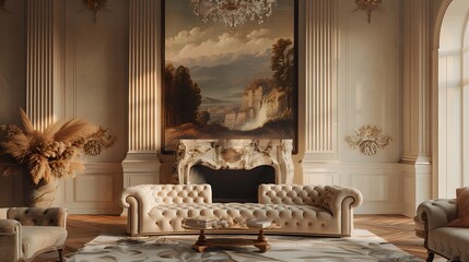 A lavish, upholstered sofa set placed near a marble fireplace in a luxury room with a pastel-toned landscape painting.