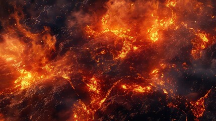Fototapeta premium Close-up on fiery lava bubbling in the heart of a dark, mythical hell city, smoky atmosphere, invoking fear and awe