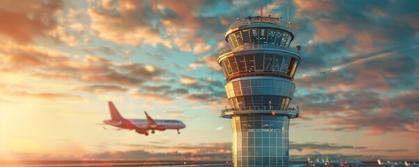 Airport control tower sharply detailed, departing airplane blurred with ample copy space - obrazy, fototapety, plakaty