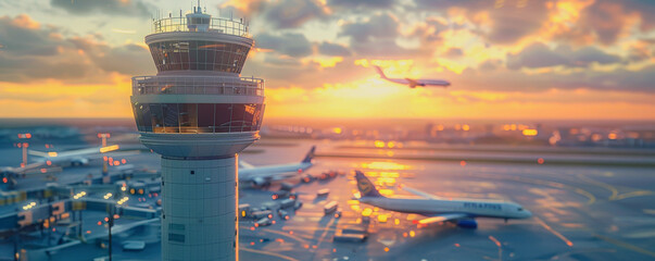 Crystal-clear airport control tower with departing airplane softly blurred, ample copy space - obrazy, fototapety, plakaty