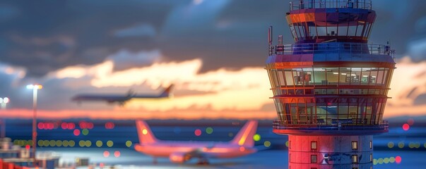 Detailed airport control tower focused, departing plane blurred in background, plenty of copy space - obrazy, fototapety, plakaty
