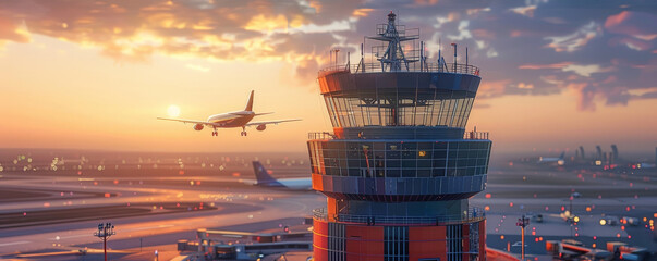 Airport control tower framed by departing airplane in soft focus, text-friendly space - obrazy, fototapety, plakaty
