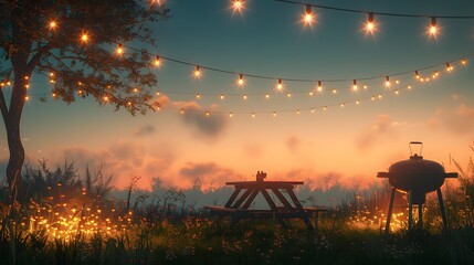 A lively summer scene with a barbecue grill, picnic table, and string lights under the clear evening sky, creating a festive atmosphere. - Powered by Adobe