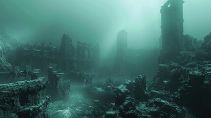 Close-up of the sunken city of Atlantis emerging through dense fog, illuminated by ethereal light, ancient ruins and corals, creating a mystical ambiance