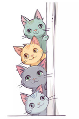 Cute cartoon cats in pastel colors peeking around a wall, peach, pink, green, beige