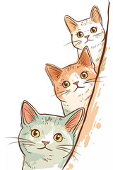 Cute cartoon cats in pastel colors peeking around a wall, peach, pink, green, beige