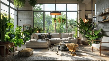 Fototapeta premium Contemporary living space with fresh greenery and bright, open windows