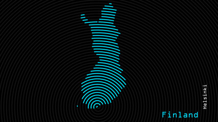 A map of Finland, with a dark background and the country's outline in the shape of a colored spiral, centered around the capital. A simple sketch of the country.