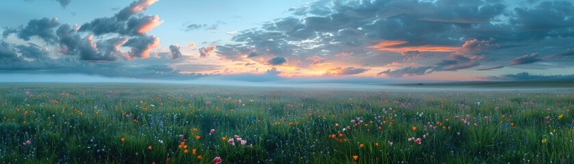 Fototapeta premium Cloudy Morning Field Scene with Dew Covered Grass and Energetic Wildflowers At the crack of dawn