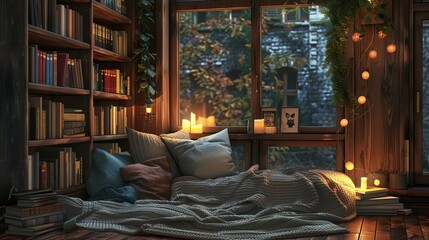 Cozy reading nook with soft textures and warm lighting