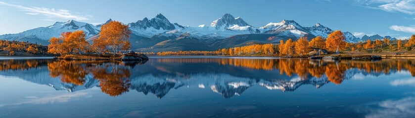 Fototapeta premium A serene autumnal scene with vibrant orange trees reflected in a still lake, framed by majestic snow-capped mountains