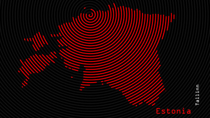 A map of Estonia, with a dark background and the country's outline in the shape of a colored spiral, centered around the capital. A simple sketch of the country.