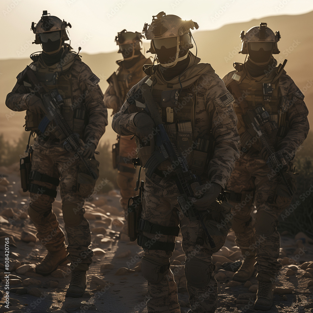 Wall mural Soldiers on Desert Patrol at Sunset