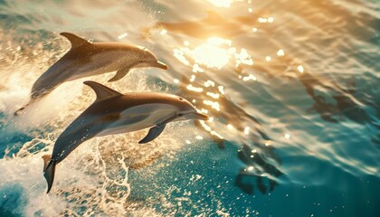 A pod of dolphins leaping out of crystalclear turquoise water, with a sunrise casting a golden glow...