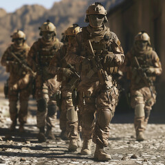 Fototapeta premium Armed Forces Patrol in Rugged Mountain Village 