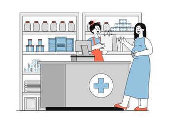 Pregnant woman in pharmacy vector simple