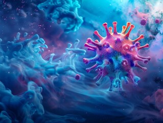 A single, colorful virus with a unique, artistic design floating in a deep blue nebula Balance the scientific concept with a touch of artistic whimsy