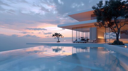 A minimalist glass villa with a floating effect above a rectangular swimming pool, glowing warmly under the evening sky at sunset.