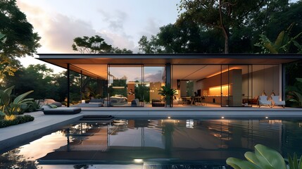 A minimalist glass villa with large, transparent panels overlooking a serene pool, surrounded by...