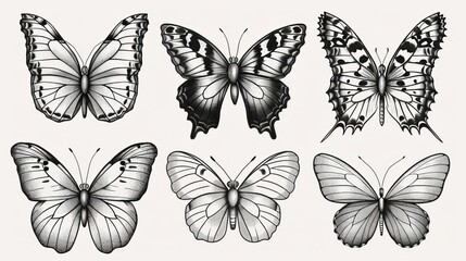 Elegant butterflies in various poses, showing their intricate patterns