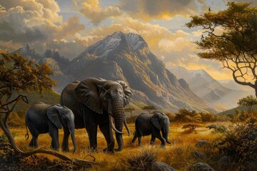 Elephant family roaming in the wild with a dramatic mountain backdrop