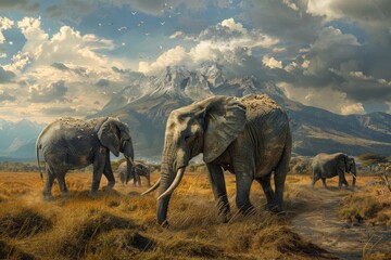 Elephant family roaming in the wild with a dramatic mountain backdrop