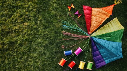 A collection of triangular kites resting on the vibrant grass in a picturesque landscape. A leisure event filled with fun and art in the lush grassland AIG50