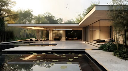 A minimalist villa with a clean cubic structure, floor-to-ceiling glass walls, and a serene water...