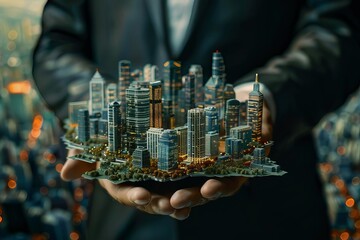 Obraz premium Executive holding a digital twin of a city to analyze urban development