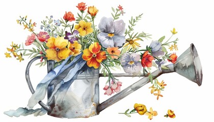 A watercolor illustration of a vibrant bouquet of spring flowers spilling out of a vintage watering can, with ample negative space at the top for text