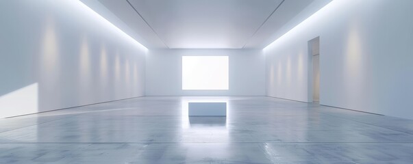 Fototapeta premium Empty art gallery with stark white walls and a single, illuminated pedestal in the center A holographic projection showcases a futuristic artwork