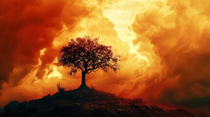 A tree in sharp focus on a hill, under a sky that mimics the depths of hell, captured in a raw, vivid style
