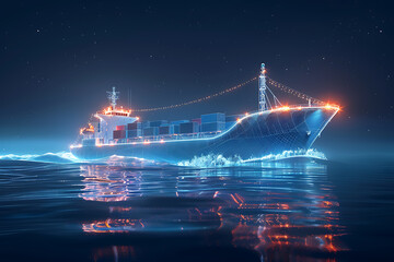 Obraz premium A wireframe-style illustration depicts a cargo ship loaded with containers, highlighting modern logistics and transportation technology