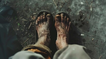 Photograph of a very thin homeless person looking down