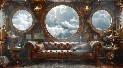 A plush, leather-appointed cabin of a luxurious airship, featuring porthole windows revealing a breathtaking cloud sea, polished brass fittings, and antique travel maps adorning the walls