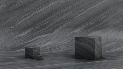 3d render ilustration abstract grey marble cube in grey marble background design template studio light template