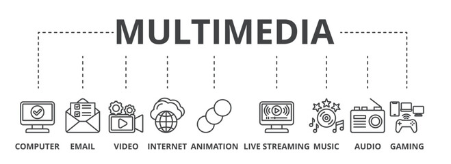 Multimedia concept icon illustration contain computer, email, video, internet, animation, live streaming, music, audio and gaming.