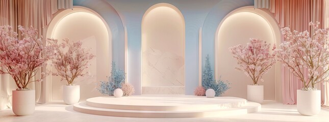 Podium abstract pastel lighting, luxe minimalist backdrop in cream, pink, and blue. Beauty, skincare, technology products concept.