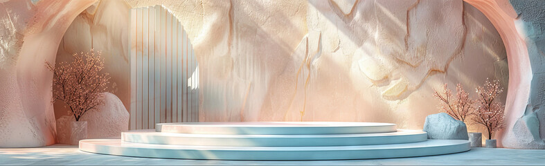 Podium abstract pastel lighting, luxe minimalist backdrop in cream, pink, and blue. Beauty, skincare, technology products concept.