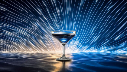 Elegant Cocktail Glass Under Dynamic Blue Light Rays
