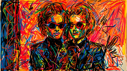 Colorful Abstract Portrait of Two woman in Sunglasses
