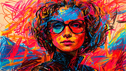 Colorful Abstract illustration Portrait of Woman with Glasses