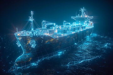 A wireframe-style illustration of a cargo ship laden with containers showcases modern maritime logistics and transportation infrastructure