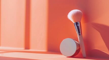 A minimalist approach to beauty, makeup brush and products on a peach fuzz backdrop, clean isolated setting, professional lighting