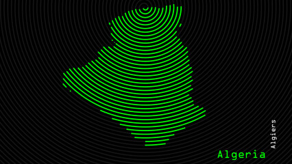 A map of Algeria, with a dark background and the country's outline in the shape of a colored spiral, centered around the capital. A simple sketch of the country, highlighting its unique shape.